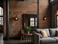 A close-up of exposed brick walls and steel accents in a cozy industrial loft living room