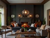 A living room illuminated by industrial-style pendant lights and warm accent lighting