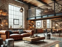 A spacious industrial loft living area with exposed brick walls and steel accents