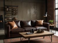 A stylish industrial loft living room featuring a leather sofa and a reclaimed wood coffee table