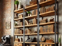 A vintage-inspired bookshelf made from reclaimed wood and metal frames