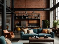 An industrial loft living room with a large open layout, featuring a mix of furniture styles