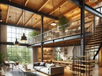 a modern industrial-style loft with an open mezzanine level made of warm wood.