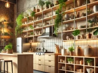 loft kitchen with greenery accents and light wood shelving