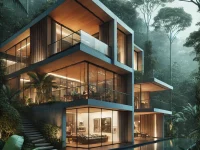 luxurious modern house nestled within a lush tropical rainforest, designed with a sleek, minimalist aesthetic.