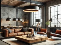 room featuring a rustic wooden coffee table and modern lighting fixtures in an industrial loft