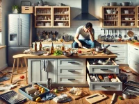 A realistic and slightly cluttered modern kitchen with utensils