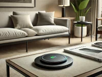 A sleek wireless charging pad styled in a minimalist living room